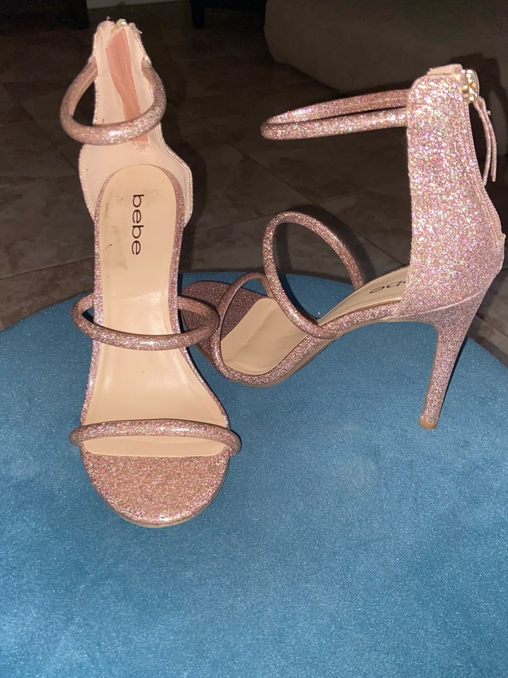 bebe Pink Rose Glitter Strappy Stiletto Sandals